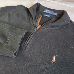 RALPH LAUREN Quarter Zip Pullover Sweater Mens XXL Black Estate Rib Flesh Pony